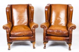 Vintage Pair Tan  Leather Chesterfield Wingback Armchairs  late 20th Century | Ref. no. A1174 | Regent Antiques