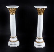 Vintage Pair 4ft White Marble and Ormolu Mounted Pedestals 20th Century