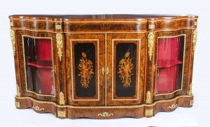 Antique Victorian Burr Walnut & Marquetry Serpentine Credenza 19th C