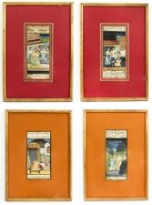 Set 4 Framed 19th Century Antique Indian Miniature Paintings Mughal Harem Scenes