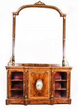 Antique Victorian Burr Walnut Sevres Plaque Mirror Back Credenza Cabinet 19th C