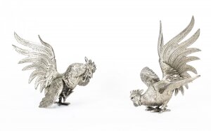 Antique Pair French Silver plated fighting cockerels C 1880 19th C | Ref. no. A1472 | Regent Antiques