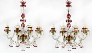 Antique Pair of Venetian 8 Light Crystal Cranberry Chandeliers  C1900 | Ref. no. A1512a | Regent Antiques