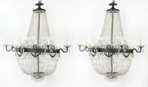 Antique Pair Louis Revival 20 light Ballroom Cut Crystal Tent Chandeliers c1920