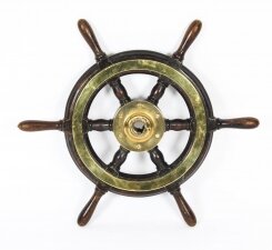Antique 56cm Teak and Brass Set 6 Spoke Ships Wheel C 1870 19th Century
