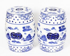 Vintage Pair Blue & White Porcelain Japanese Garden Seats 20th C