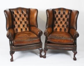 Antique Pair Leather Chippendale Revival Wingback Armchairs 20th C
