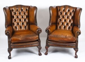 Antique Pair Leather Chippendale Wingback Armchairs 