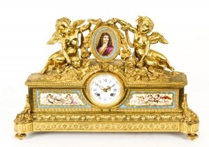 Antique French Gilt Bronze Clock with Portrait Plaque of Molière 