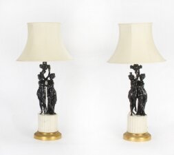 Antique Pair French Bronze Bacchantes Marble Table Lamps Circa 19th Century