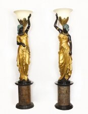 Vintage Pair Monumental Gilded Bronze Lamps on Marble Bases 20th Century
