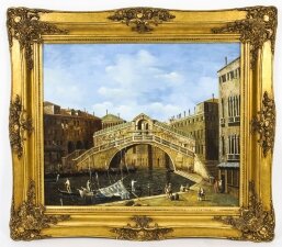 Vintage Oil Paintiing View of The Rialto Bridge in Venice 71x82cm Mid 20th C