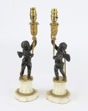Antique Pair French Ormolu & Patinated Bronze Cherub Table Lamps 19th C