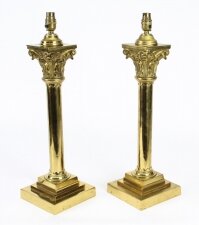 Antique Pair Victorian Brass Corinthian Column Table Lamps 19th C