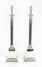 Pair Antique Edwardian Silver Plated Corinthian Column Table Lamps C1910