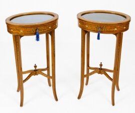 Antique Pair Edwardian Satinwood Painted Bijouterie Display Tables Circa 1900