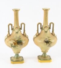Antique Pair Royal Worcester Porcelain Two Handled Pedestal Ovoid Vases 19th C