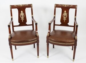 Antique Pair Empire Revival Ormolu Mounted Armchairs C1880 19th C