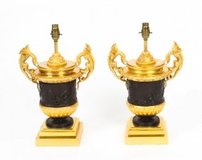 Vintage Pair Ormolu & Patinated Bronze Urn Table Lamps 20th C