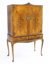 Vintage Burr Walnut Queen Anne Cocktail Cabinet Drinks Dry Bar early 20th C