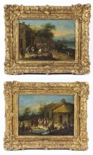 Antique Pair Oil on Canvas Paintings After David Teniers 18th C
