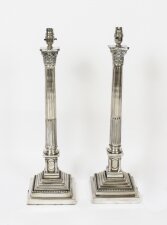 Antique Pair 2ft Silver Plated Corinthian Column Table Lamps C1910