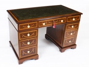 Antique Victorian Inlaid Mahogany Pedestal Desk by Edwards & Roberts 19th C