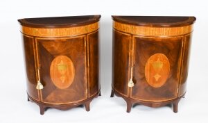 Antique Pair Flame Mahogany Demi Lune Cabinets Circa 1910