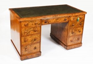 Antique Victorian Burr Walnut Partners Pedestal Desk 19th C