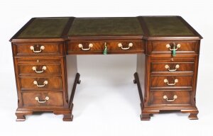 Vintage Large 6ft Georgian Revival Flame Mahogany Partners Pedestal Desk 20th C