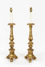 Vintage Pair Italian Baroque Carved & Gilded Table Lamps Mid 20th C