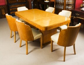 Antique Art Deco Birds Eye Maple Dining Table & 6 Cloud Back Chairs C1920