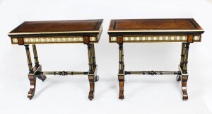 Antique Pair Amboyna Card Console Tables With Porcelain Plaques 19th Century