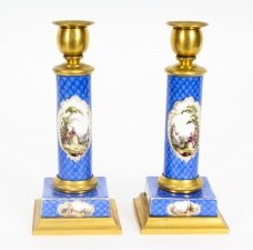 Antique Pair Sevres Porcelain Mounted Ormolu Candlesticks 19th C