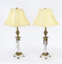 Vintage Pair Corinthian Column Ormolu & Glass Table Lamps Mid 20th Century