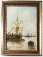 Antique English Oil on Canvas Painting of a River Scene Edward Fletcher 19th C