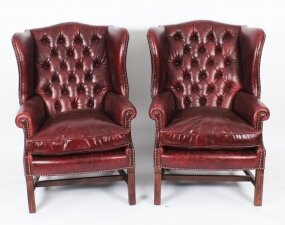 Bespoke Pair Leather Chippendale Buttoned Wingback Armchairs Murano Port