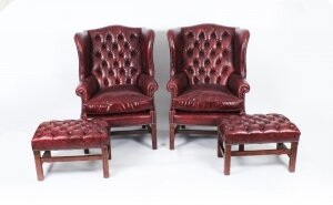 Bespoke Pair Leather Wingback Armchairs & Pair Stools Murano Port 20th C
