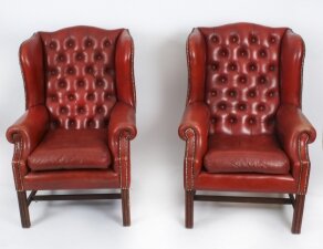 Vintage Pair Red Leather Button Backed Wingback Armchairs 20th Century