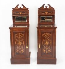 Antique Pair Edwardian Mahogany Marquetry Bedside Chests 19th C