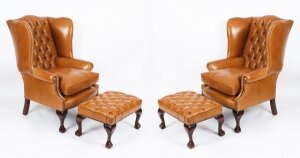 Bespoke Pair Leather Chippendale Wingback Armchairs & Pair Stools Bruciato