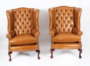 Bespoke Leather Pair Chippendale Wingback Armchairs Bruciato