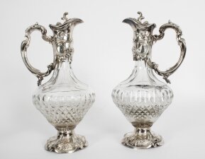 Antique Pair Victorian Silver Plated and Cut Crystal Claret Jugs 19th C