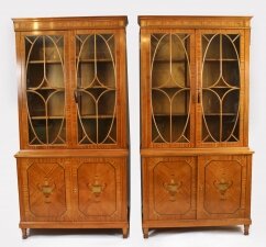 Antique Pair Edwardian Inlaid Satinwood Bookcases by Maple & Co C1900