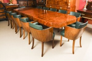 Antique Art Deco 10 ft Burr Walnut Dining Table & 12 Chairs by Hille C1920