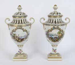 Antique Pair Dresden Porcelain Pot Pourri Lidded Vases Circa 1920 20th C