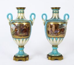 Antique Pair of French Bleu Celeste Porcelain Urns 19th Century