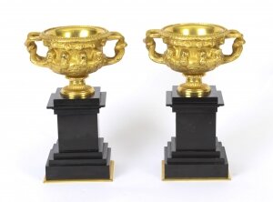 Antique Pair Italian Grand Tour Gilt Bronze Warwick Vases Urns C1860 19th C