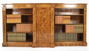 Antique Victorian Burr Walnut & Inlaid Breakfront Open Bookcase 19th C