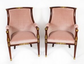 Antique Pair French Empire Revival Ormolu Mounted Armchairs C1870 19th C